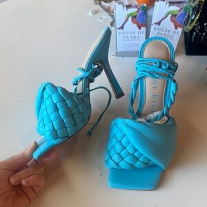 New! Gianni Bini Turquoise Braided Square-Toe High Heel Strappy Sandals